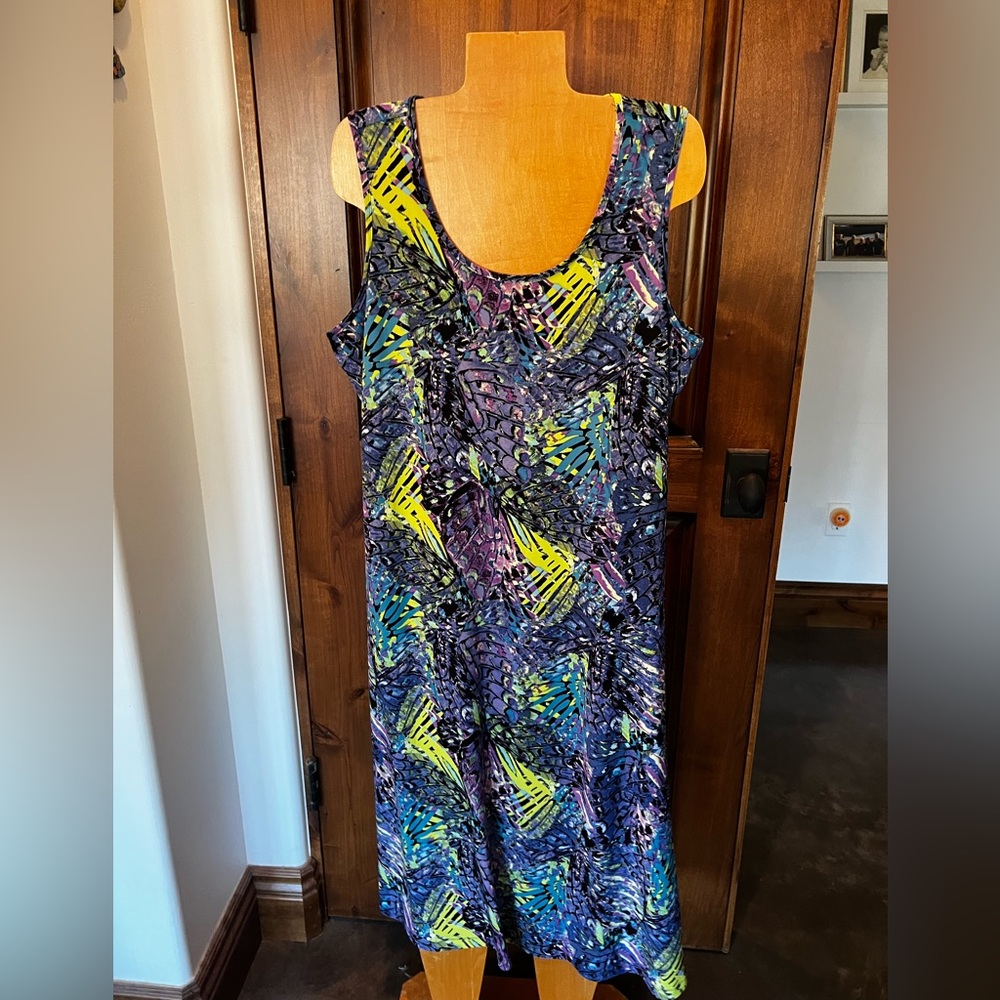 Dress Attitudes by Renee LP tropical palm blue purple yellow teal sleeveless